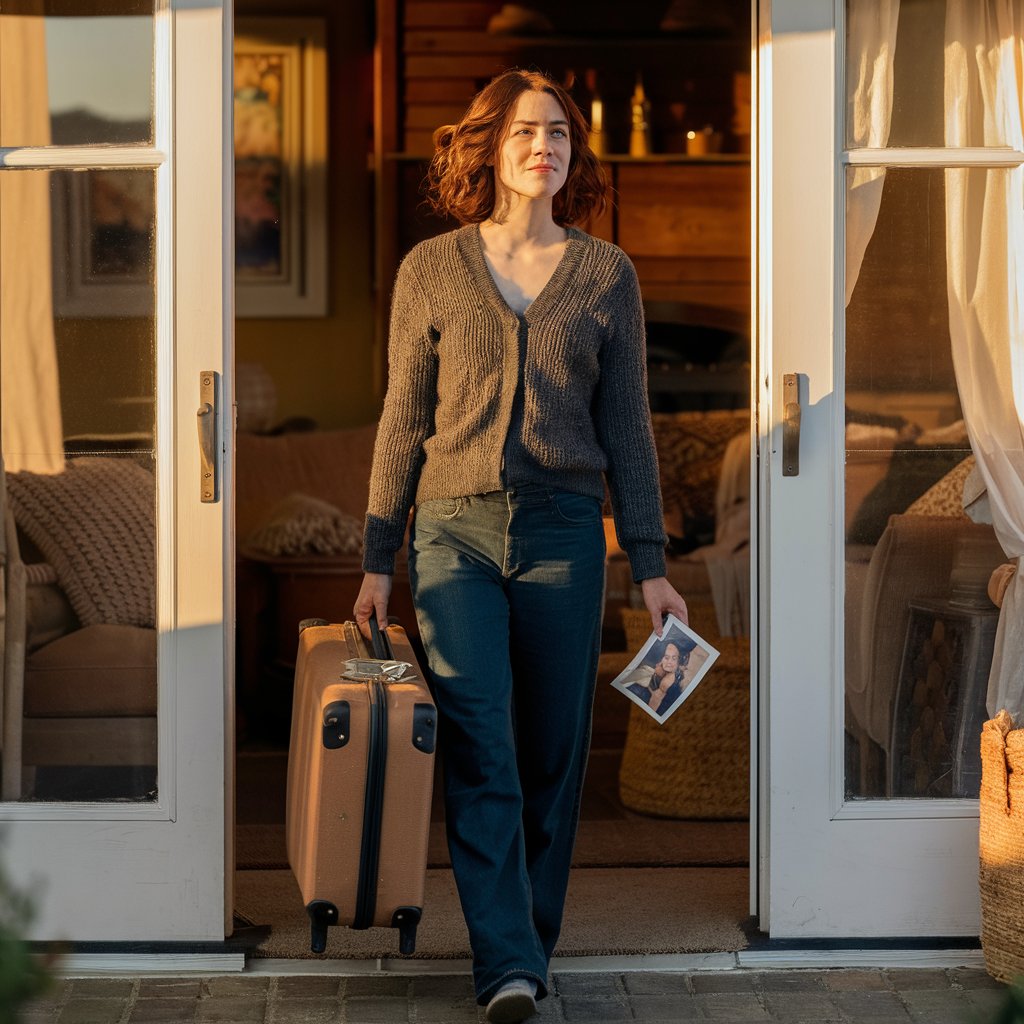 A woman leaving a house, suitcase in-hand | Source: Midjourney