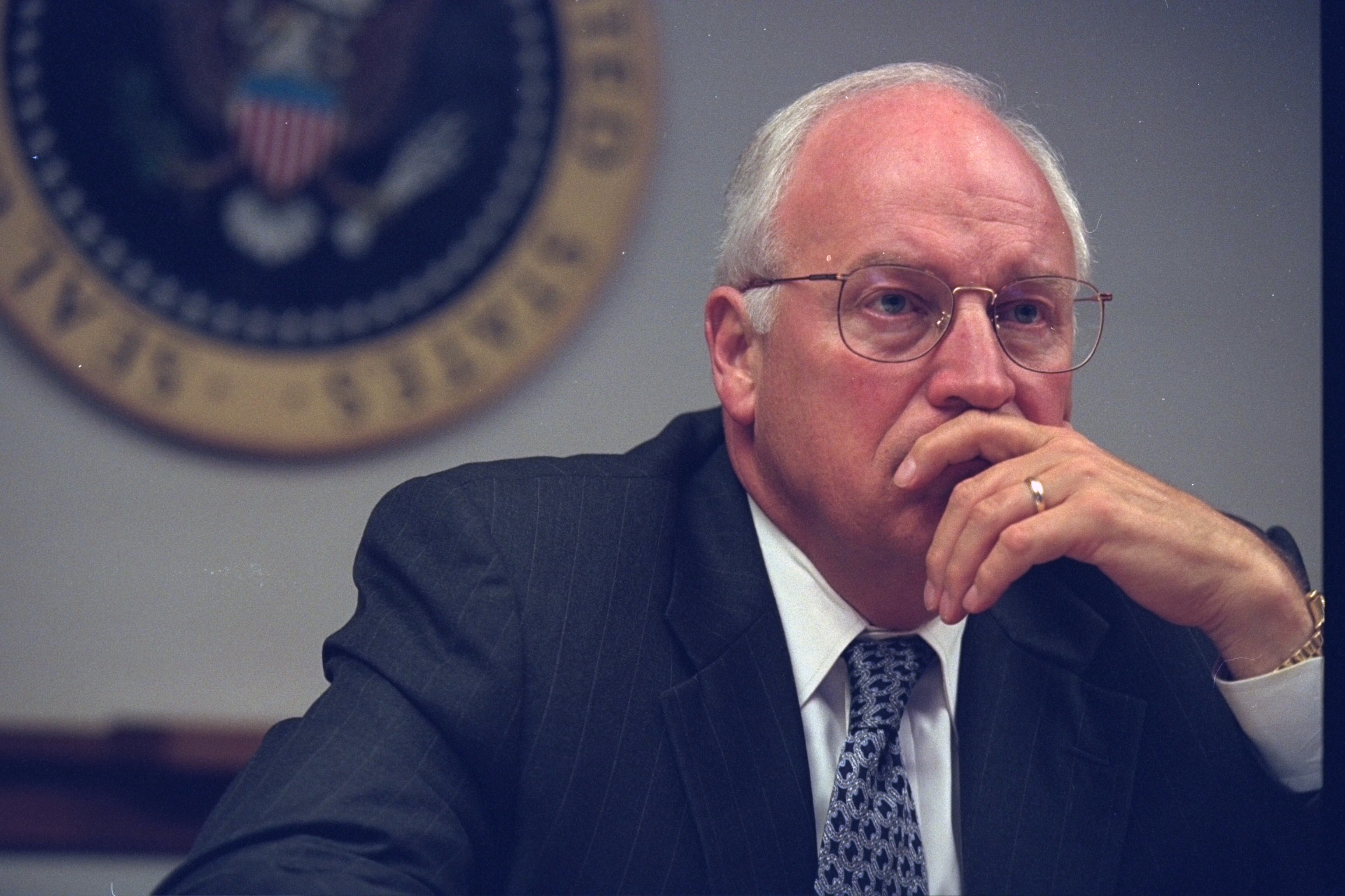 Vice President Dick Cheney meets with senior staff in the President's Emergency Operations Center (PEOC) after the terrorist attacks on September 11, 2001, in Washington, DC | Source: Getty Images