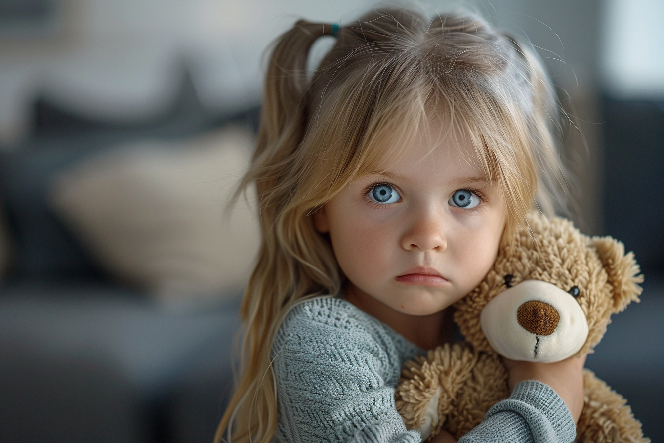 Sad little girl holding a teddy bear | Source: Midjourney