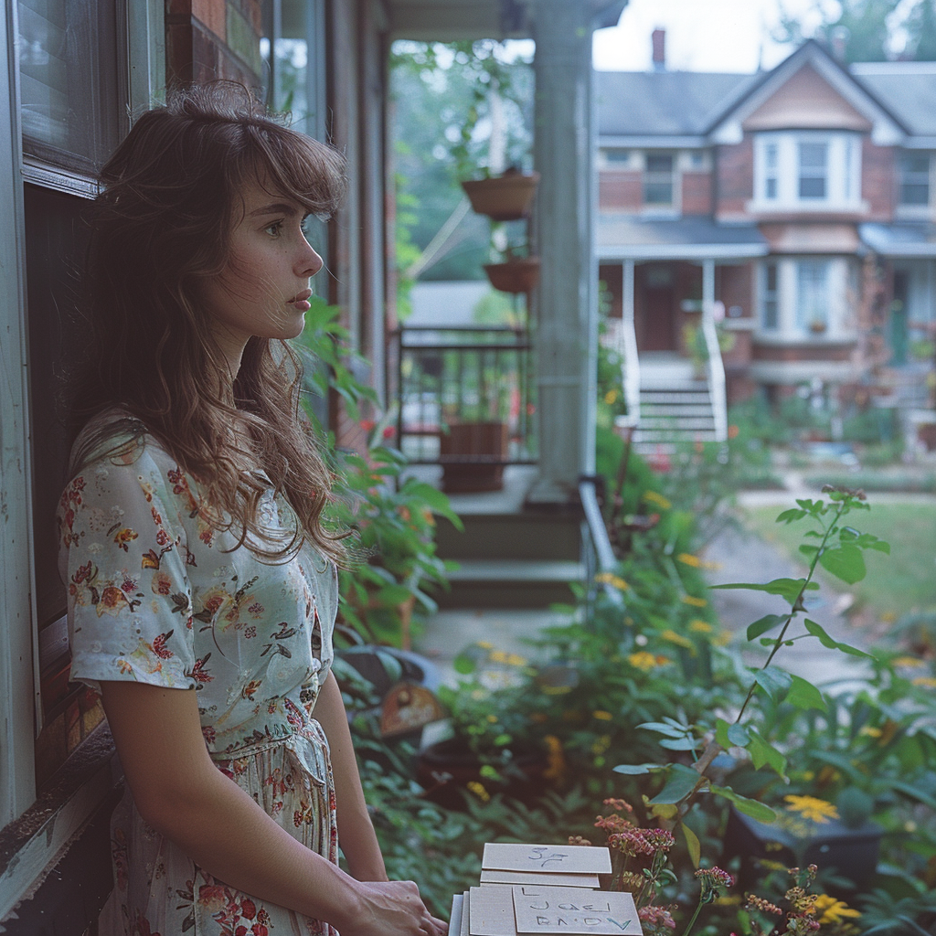 A young woman staring at a distance on her porch with letters in front of her | Source: Midjourney