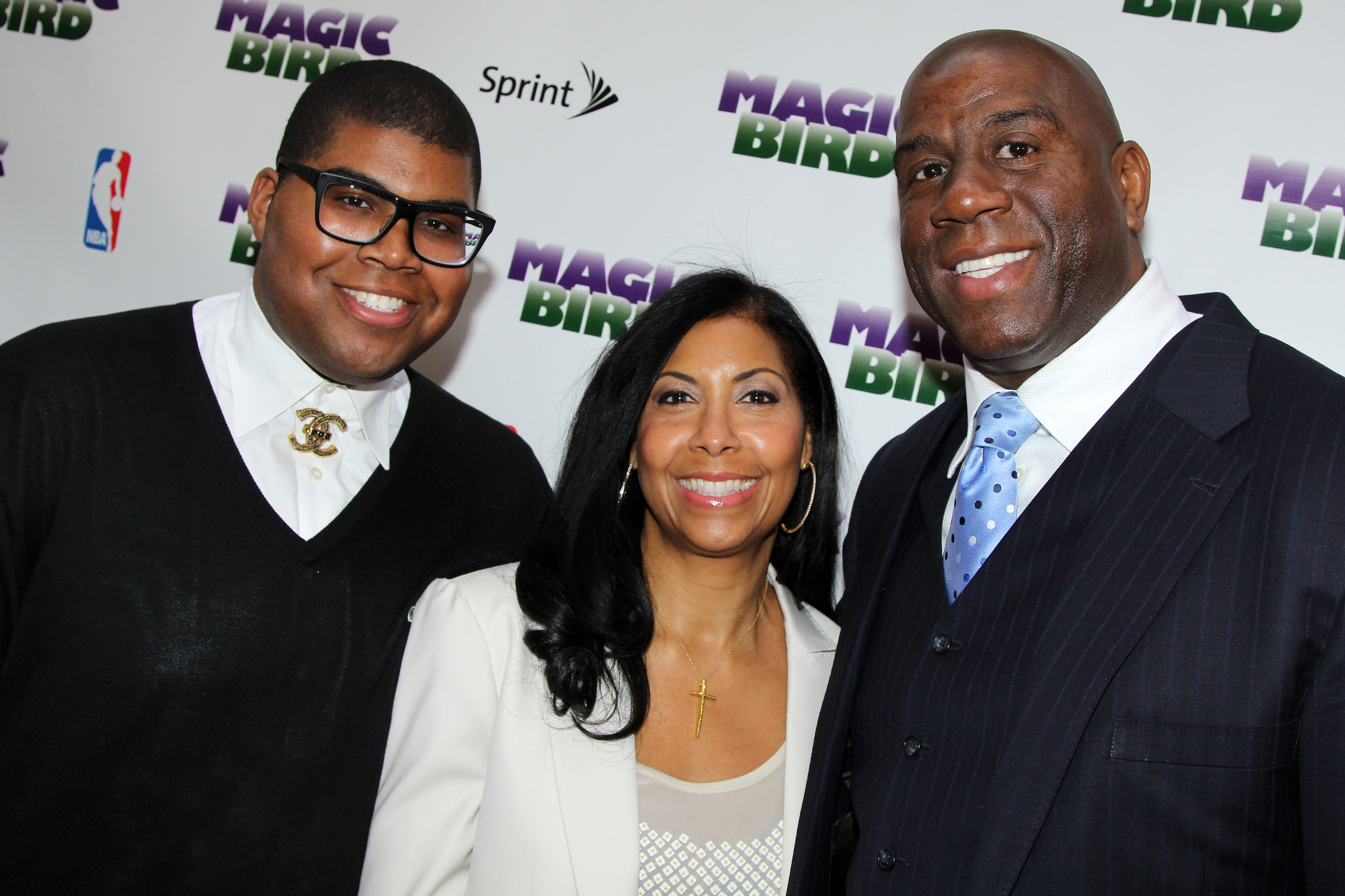 EJ Johnson, Lisa Johnson and Magic Johnson attend the "Magic/Bird" Broadway opening night at the Longacre Theatre on April 11, 2012, in New York City.