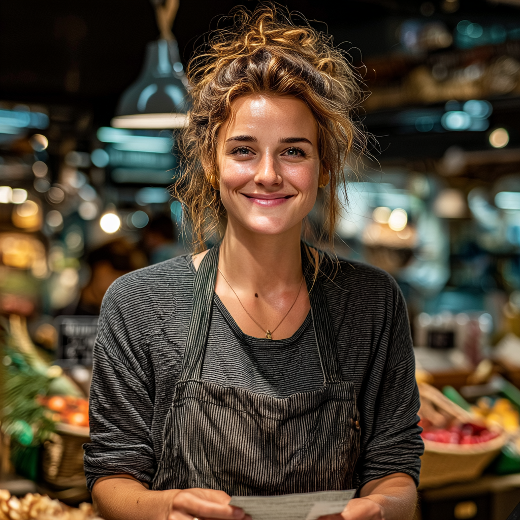 A happy cashier holding something | Source: Midjourney