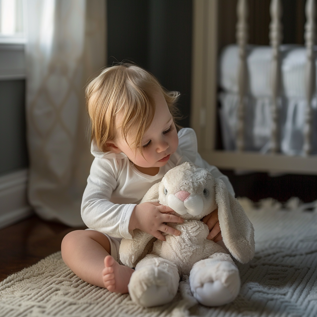 A baby girl playing with a stuffed bunny | Source: Midjourney