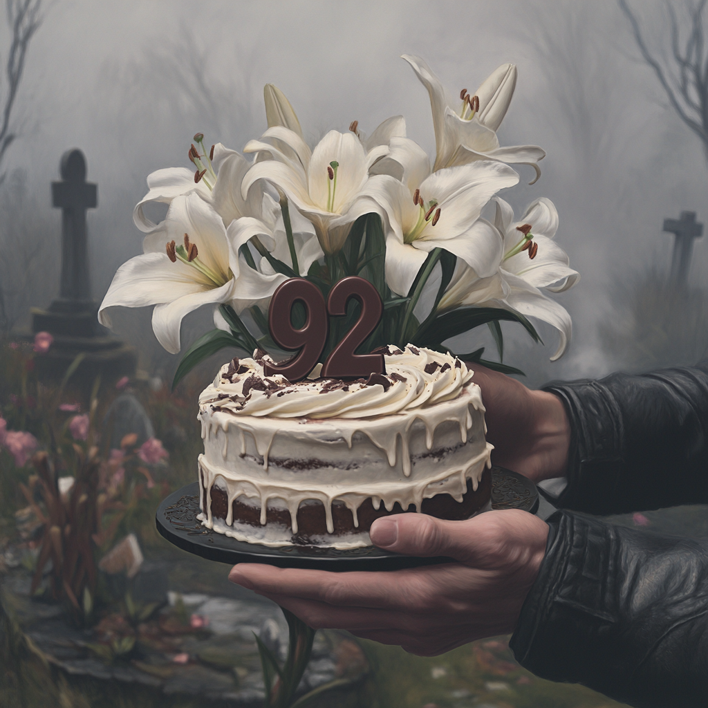 A young man holding a 92nd birthday cake and a bouquet of lilies in a cemetery | Source: Midjourney