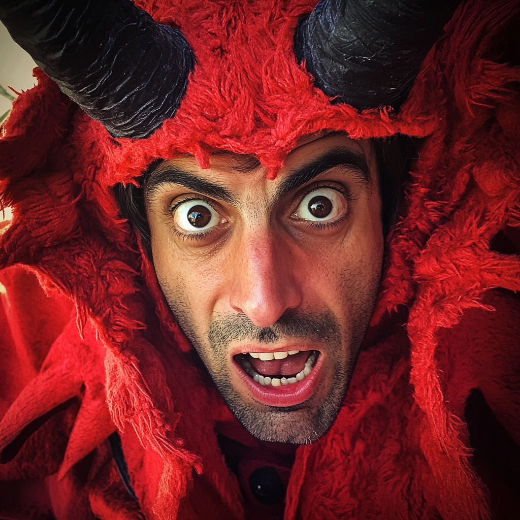 A shocked man in a devil costume | Source: Midjourney