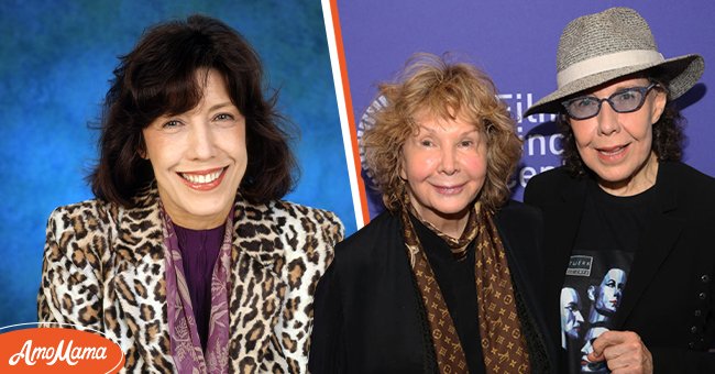 Portrait of actress Lily Tomlin as Kay Carter-Shepley, executive producer of FYI news magazine for the TV show, Murphy Brown on January 1, 1996 [left]. Lily Tomlin & Jane Wagner at Lincoln Center on September 12, 2019 [right] | Photo: Getty Images