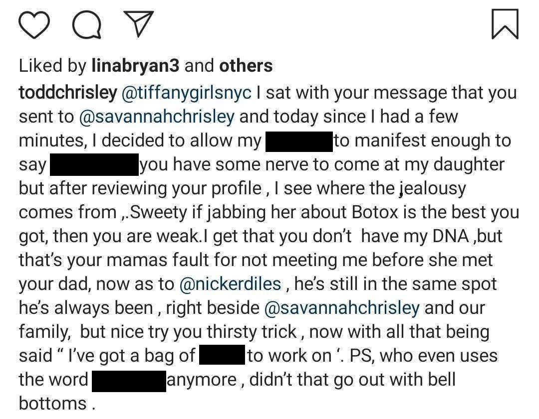 Todd Chrisley's response to a troll's message to his daughter, Savannah Chrisley. | Photo: Instagram/Toddchrisley
