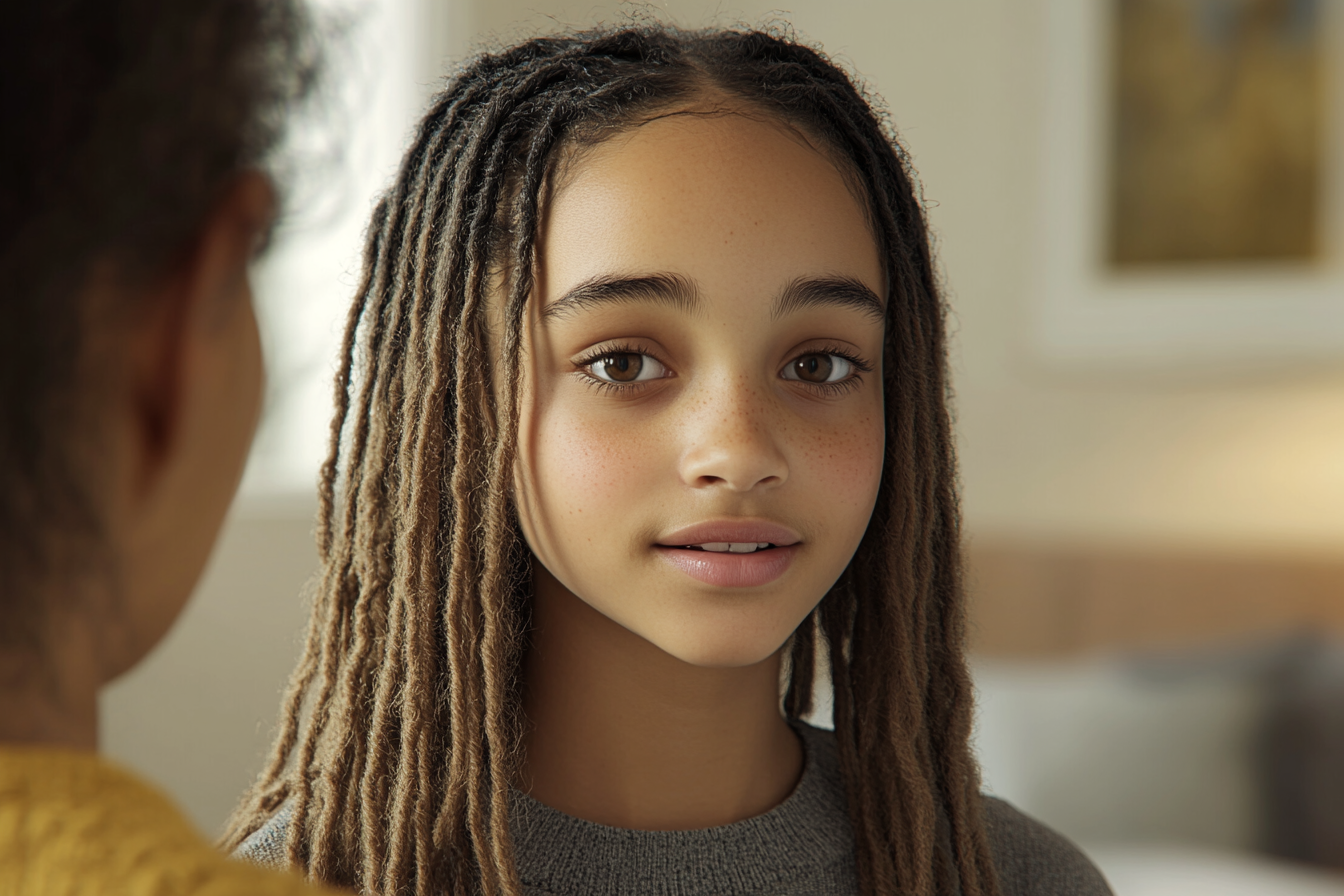 A girl looking away while talking to her mother | Source: Midjourney