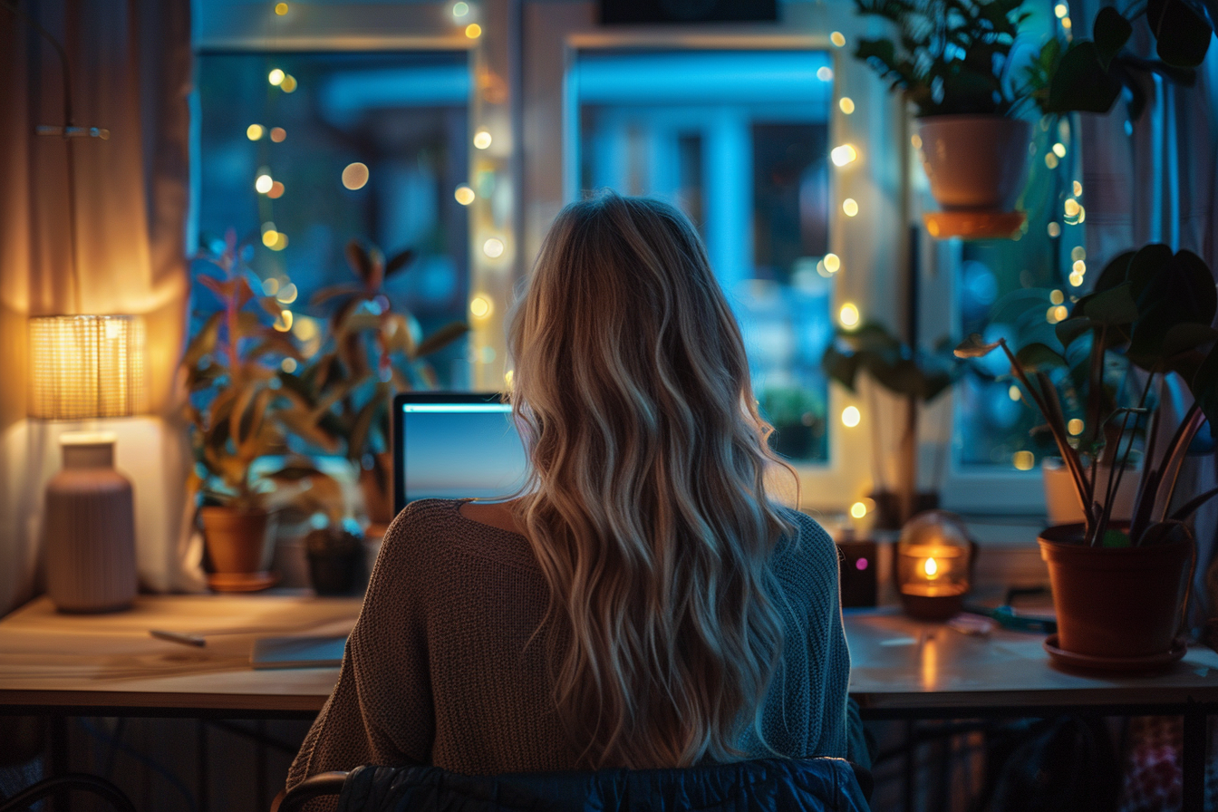 A woman using her laptop in her room | Source: Midjourney