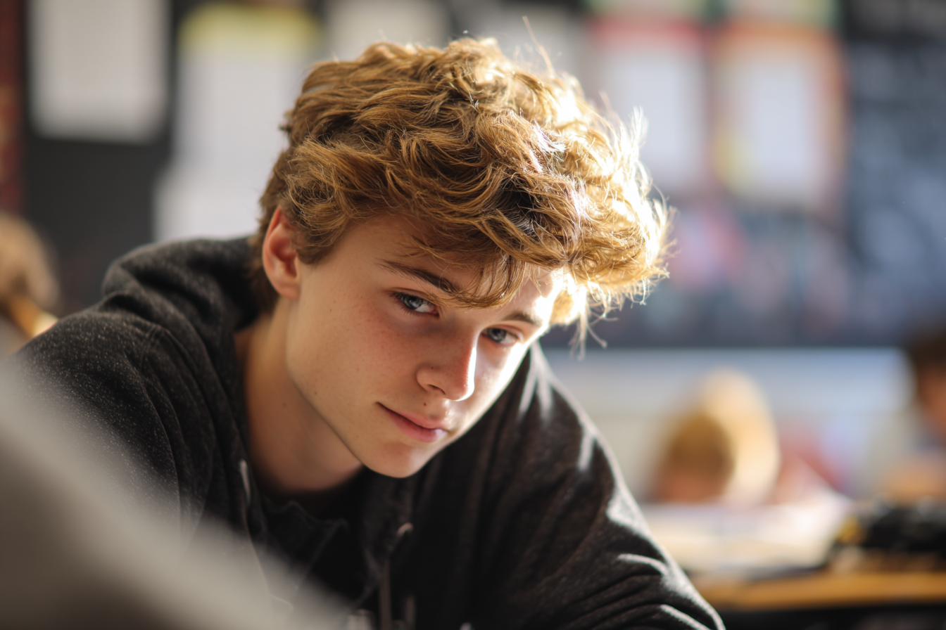 A boy sitting in a classroom, looking down | Source: Midjourney