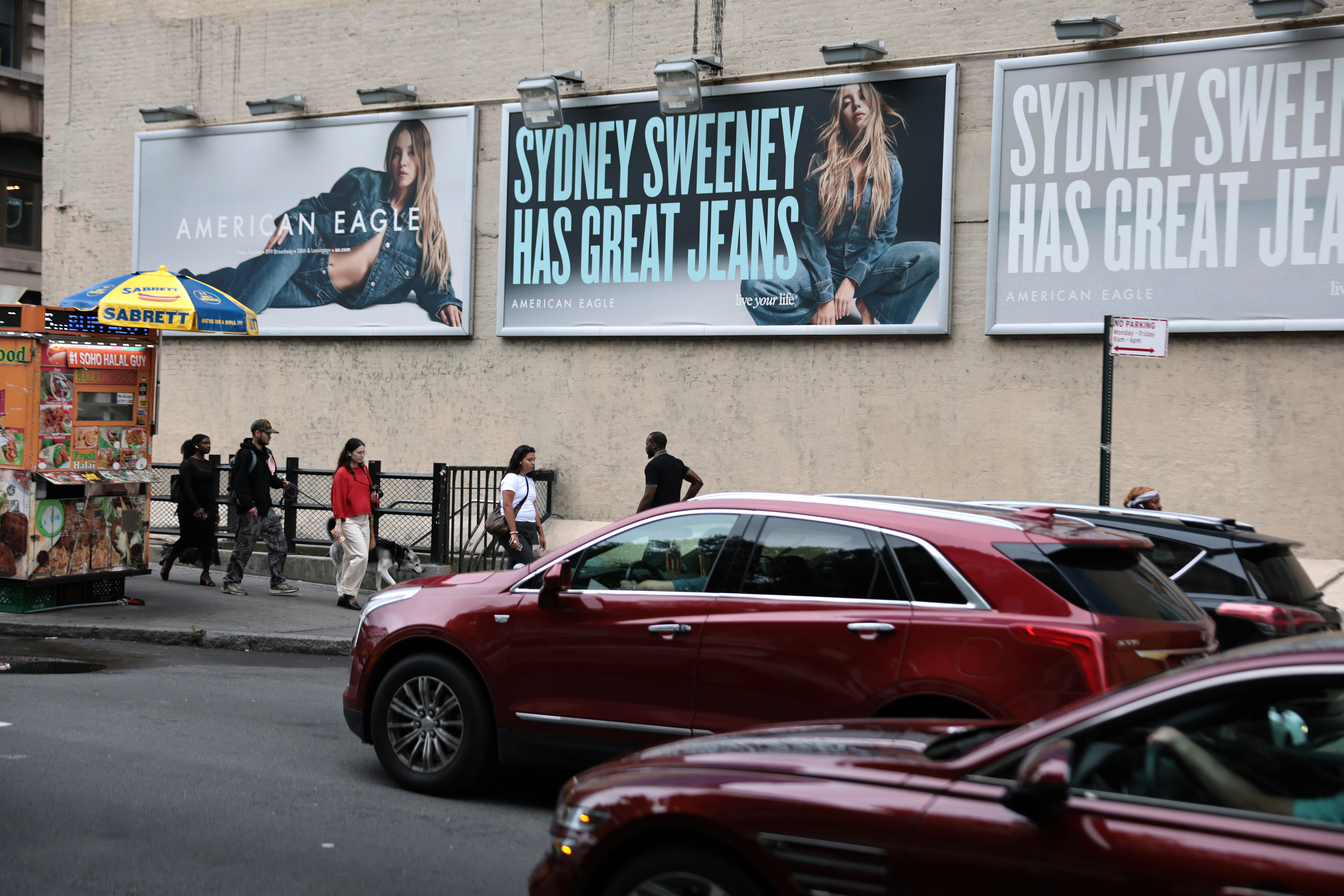 Billboards of Sydney Sweeney is seen outside of an American Eagle store in New York City on August 1, 2025 | Source: Getty Images