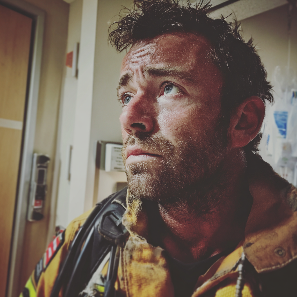 A worried firefighter standing in a hospital room | Source: Midjourney