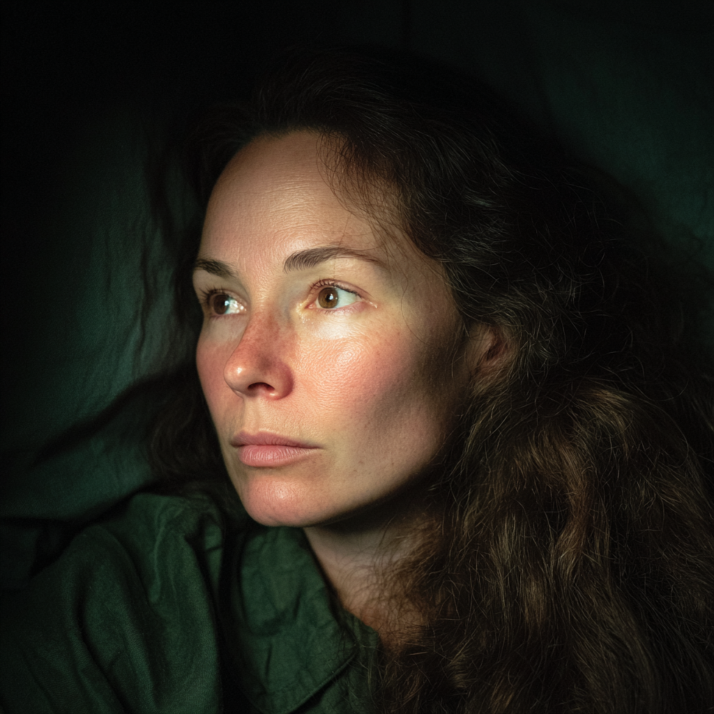 A worried woman lying in bed | Source: Midjourney