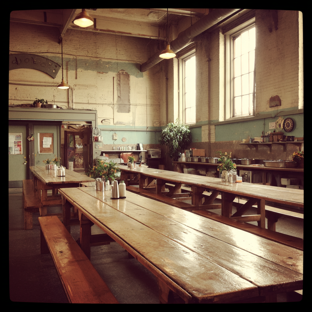 The interior of a soup kitchen feeding area | Source: Midjourney