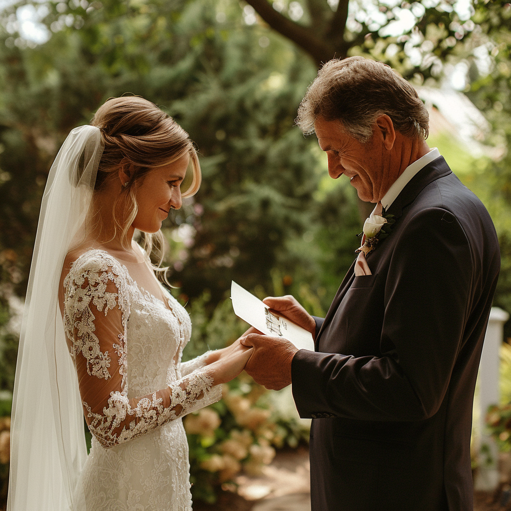 A father giving his daughter an envelope on her wedding day | Source: Midjourney