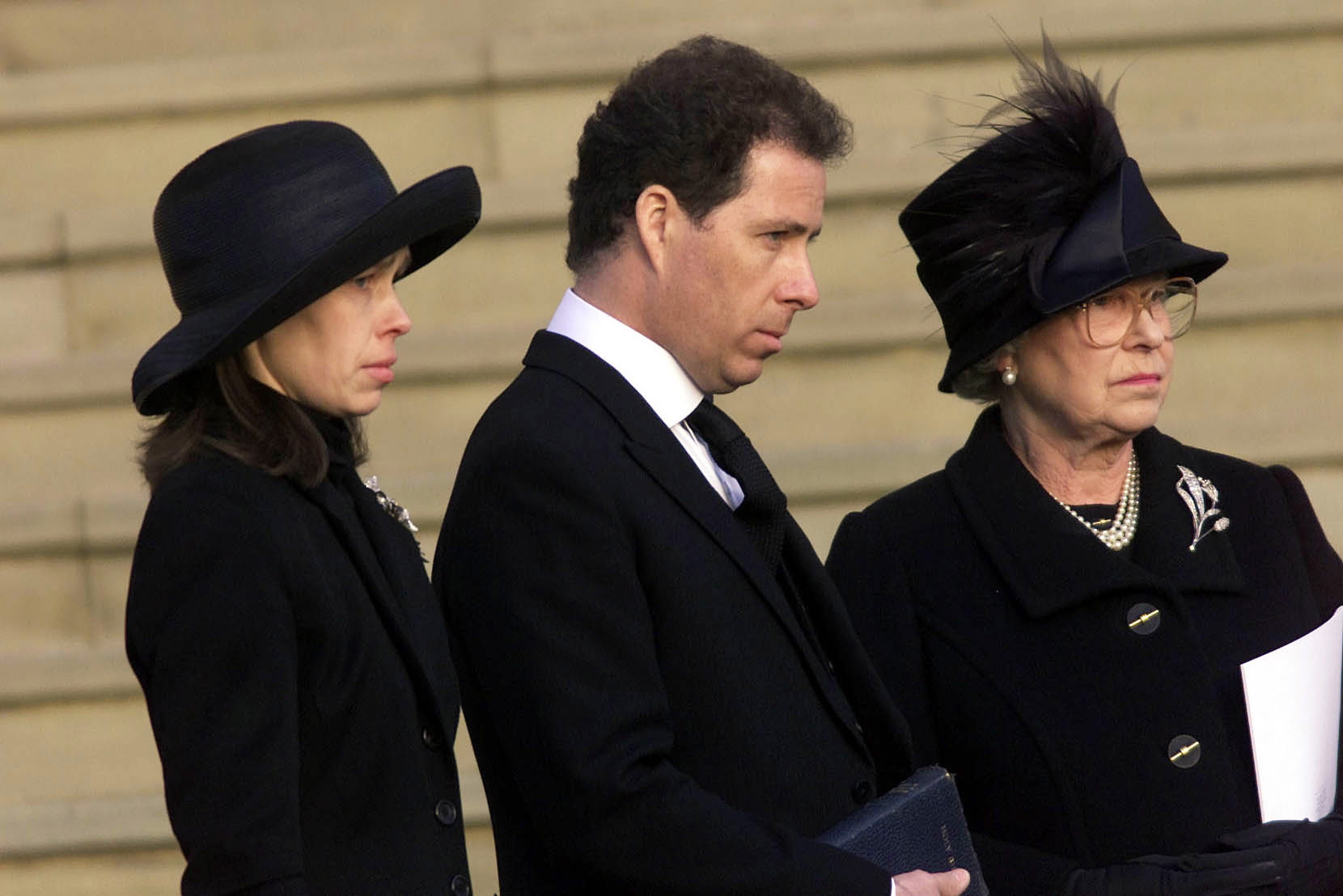 Lady Sarah Chatto, David Armstrong-Jones Linley and Queen Elizabeth II during the funeral of Princess Margaret at St. George's Chapel on February 15, 2002 in Windsor Castle, United Kingdom. | Source: Getty Images