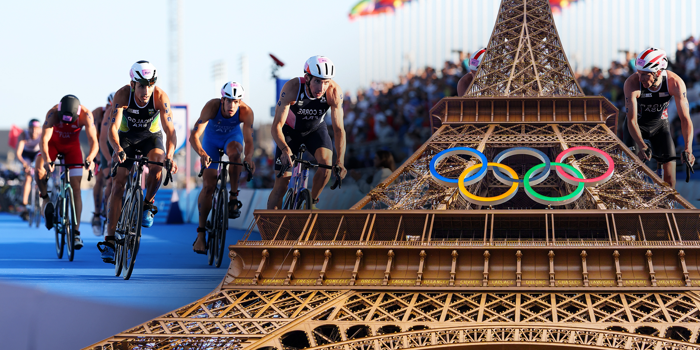 Paris 2024 Olympic cyclists | The Olympic Games emblem on the Eiffel Tower | Source: Getty Images | Shutterstock