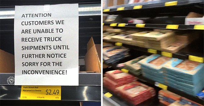Sign explaining why there is a stock shortage [right]; Barely-stocked grocery store shelves [left]. | Source: tiktok.com/mickelifrancisco