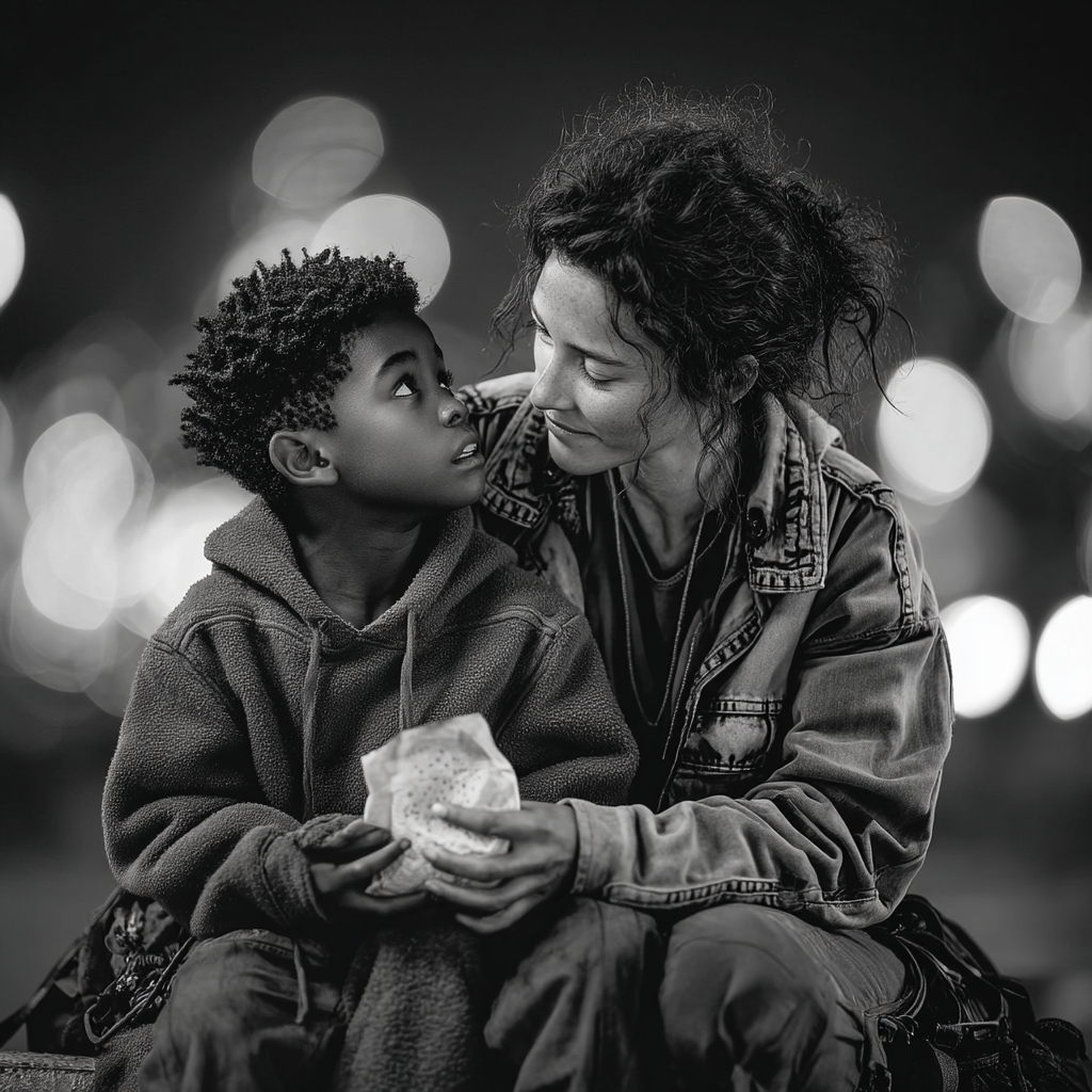 A woman sitting with a child outside | Source: Midjourney