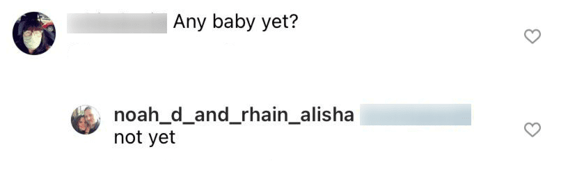 Noah Brown replying to a fan's Instagram comment, July 2021 | Source: Instagram/noah_d_and_rhain_alisha