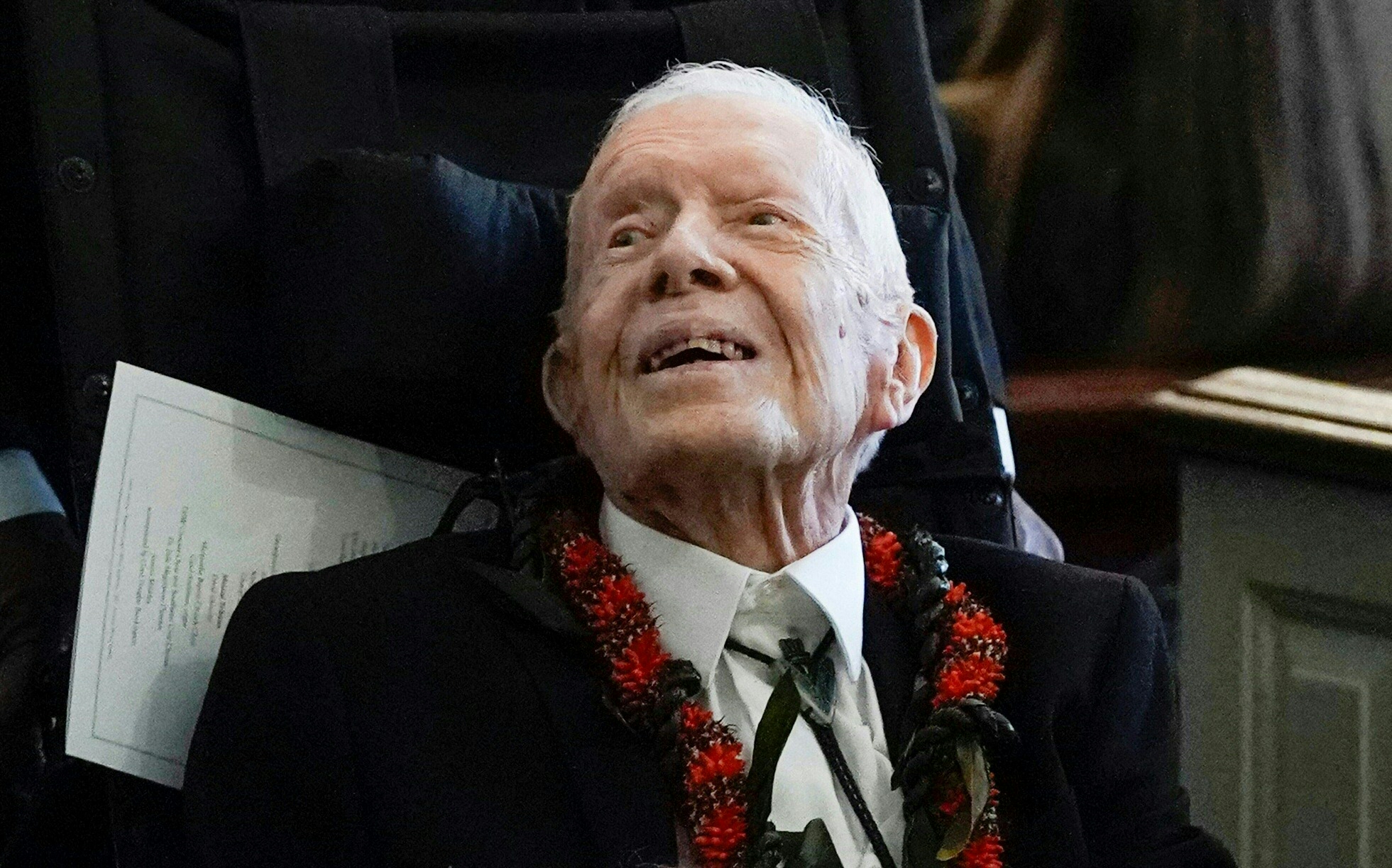 Former President Jimmy Carter at the funeral service of his wife Rosalynn Carter at Maranatha Baptist Church, in Plains, Georgia, on November 29, 2023. | Source: Getty Images