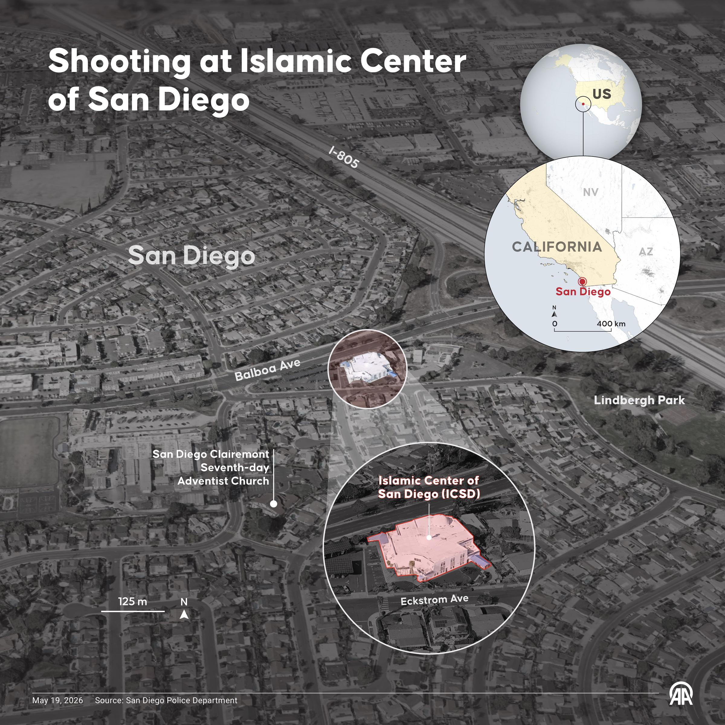 An infographic titled "Shooting at Islamic Center of San Diego" created on May 19, 2026, in Ankara, Turkiye | Source: Getty Images