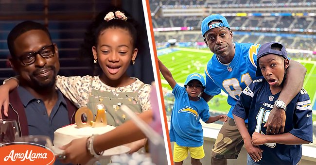 Sterling K. Brown pictured in a trailer for "This Is Us" season 5, 2020 [Left] Brown and his two sons pose in their Chargers merch before a game, 2021 [Right] | Photo: YouTube/TVPromos & Instagram/sterlingkbrown