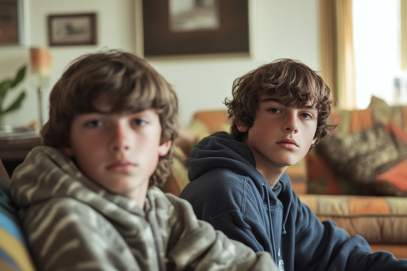 Teen brothers sitting on a sofa | Source: Midjourney