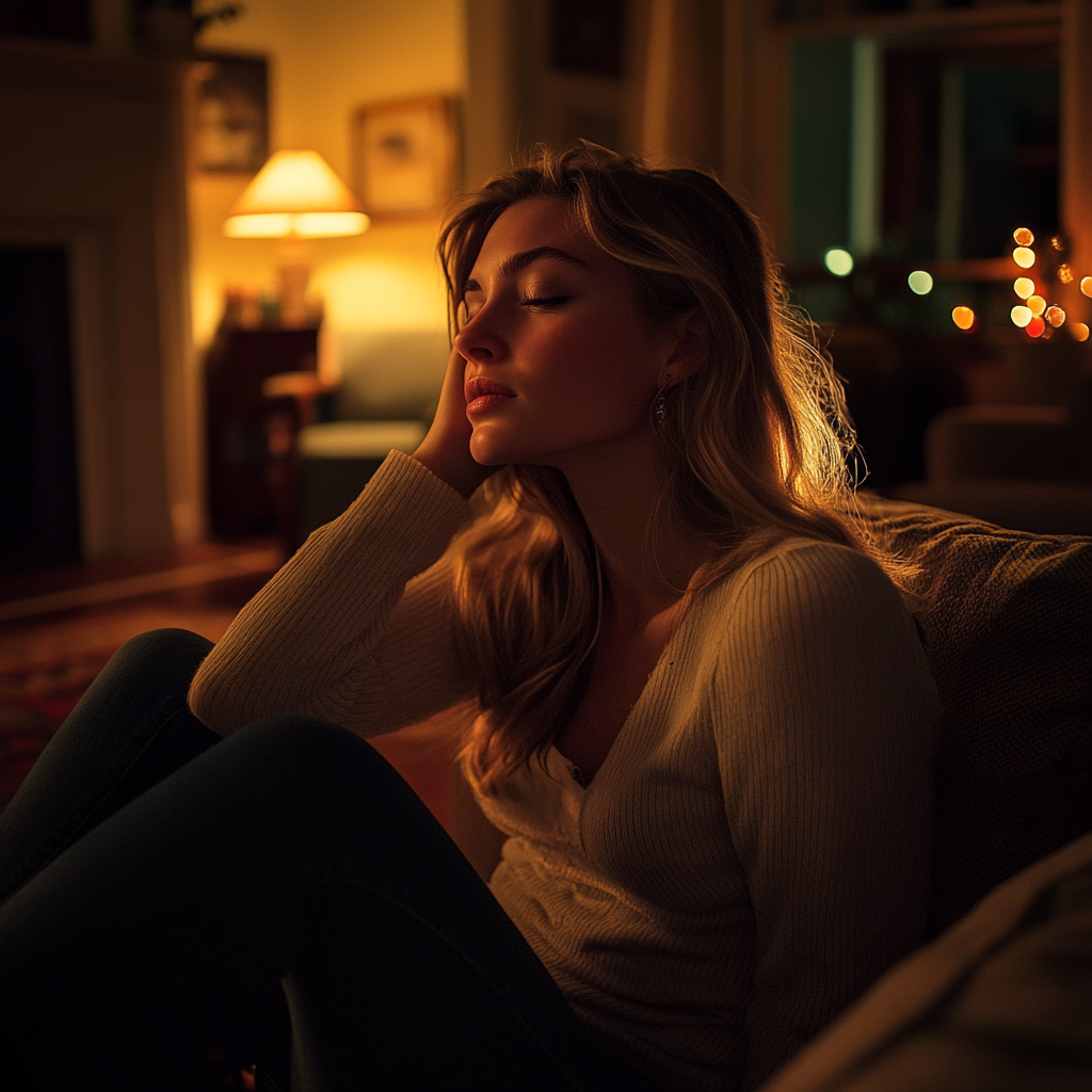 Stressed woman seated on the couch | Source: Midjourney