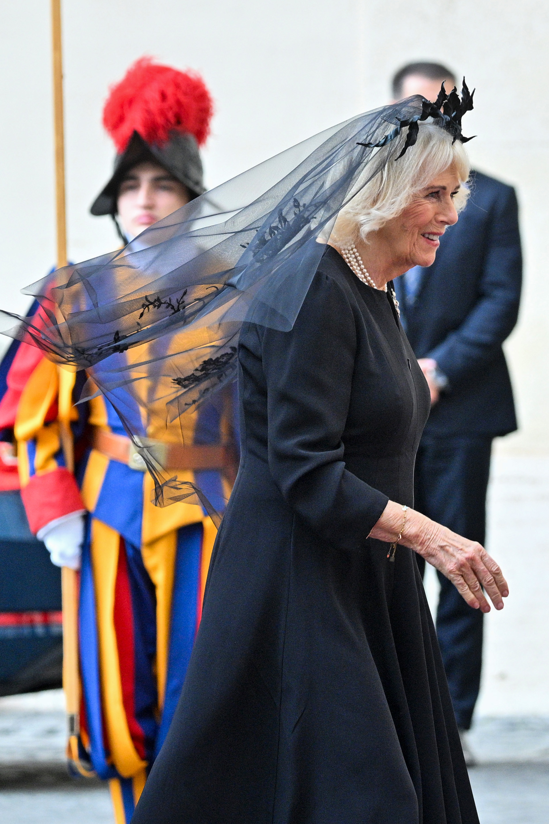 Queen Camilla arrives in San Damaso Courtyard on October 23, 2025 in Vatican City | Source: Getty Images