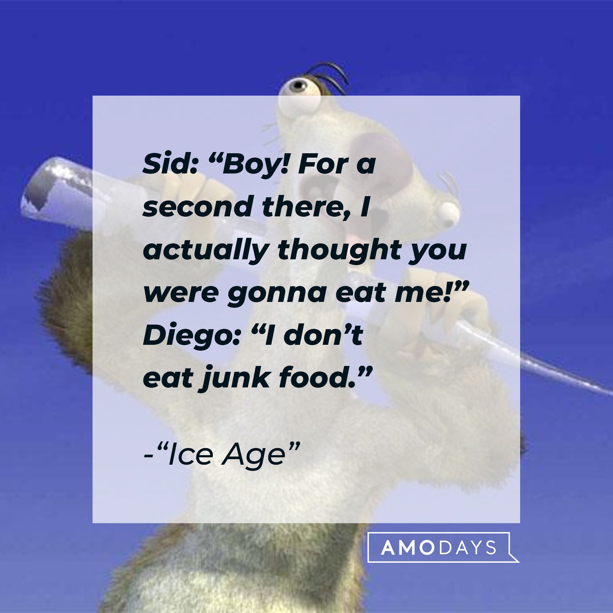 Ic Age's dialogue: Sid: “Boy! For a second there, I actually thought you were gonna eat me!”  Diego: “I don’t eat junk food.” | Image: AmoDays