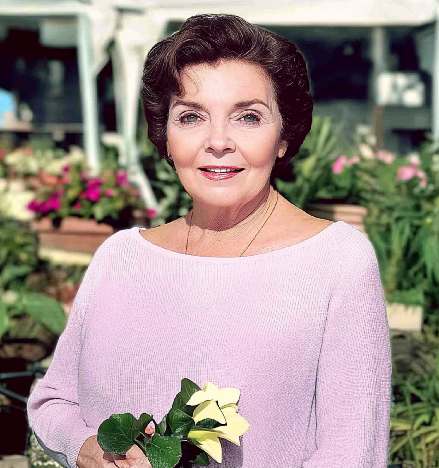 A cheerful Joan Collins holding flowers, reflecting an approachable and lighthearted personality via AI. | Source: Midjourney