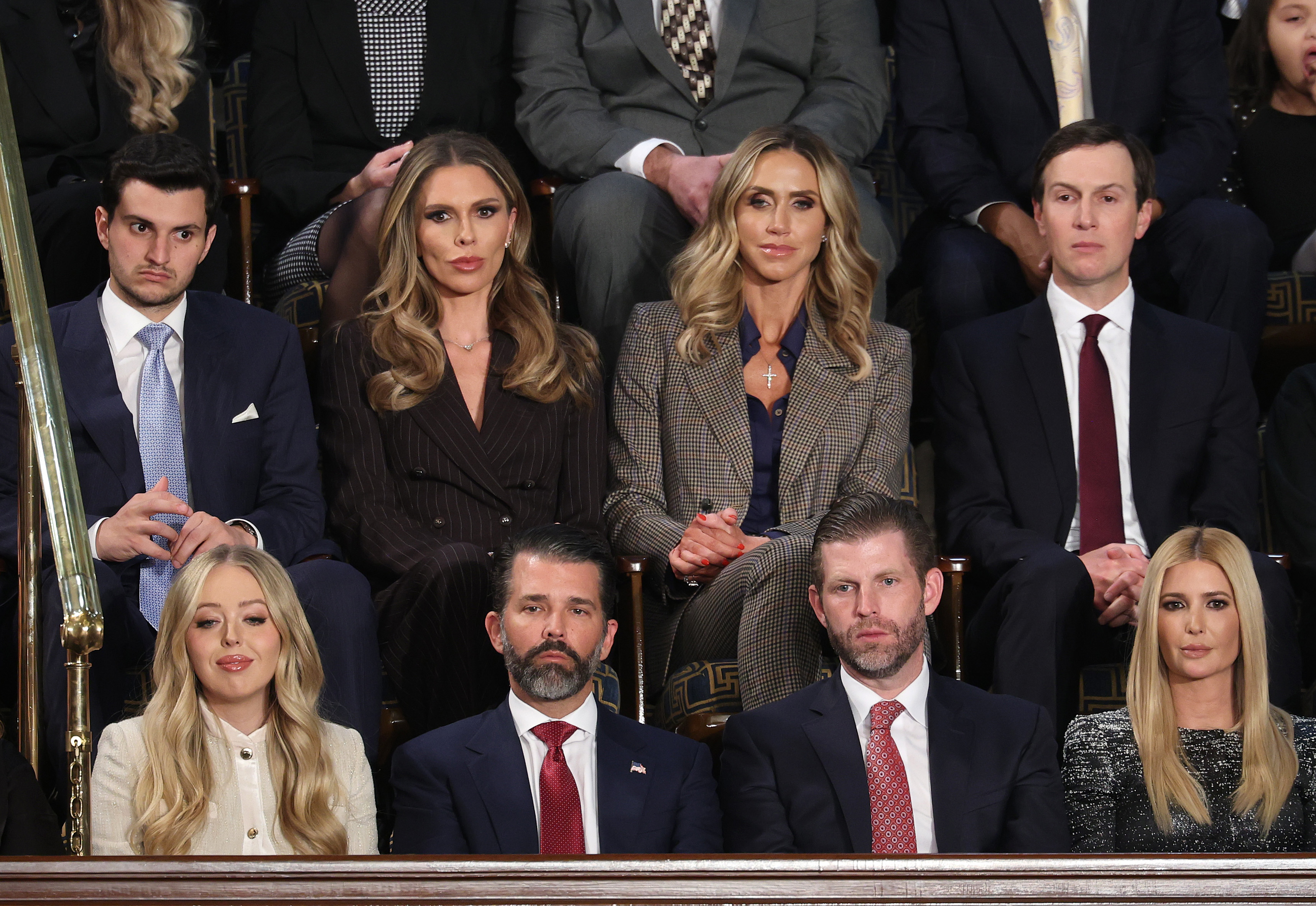Members of the Trump family, including Bettina Anderson, Lara Trump, Jared Kushner, Tiffany Trump, Donald Trump Jr., Eric Trump and Ivanka Trump, attend the State of the Union address during a Joint Session of Congress at the U.S. Capitol on February 24, 2026, in Washington, DC | Source: Getty Images