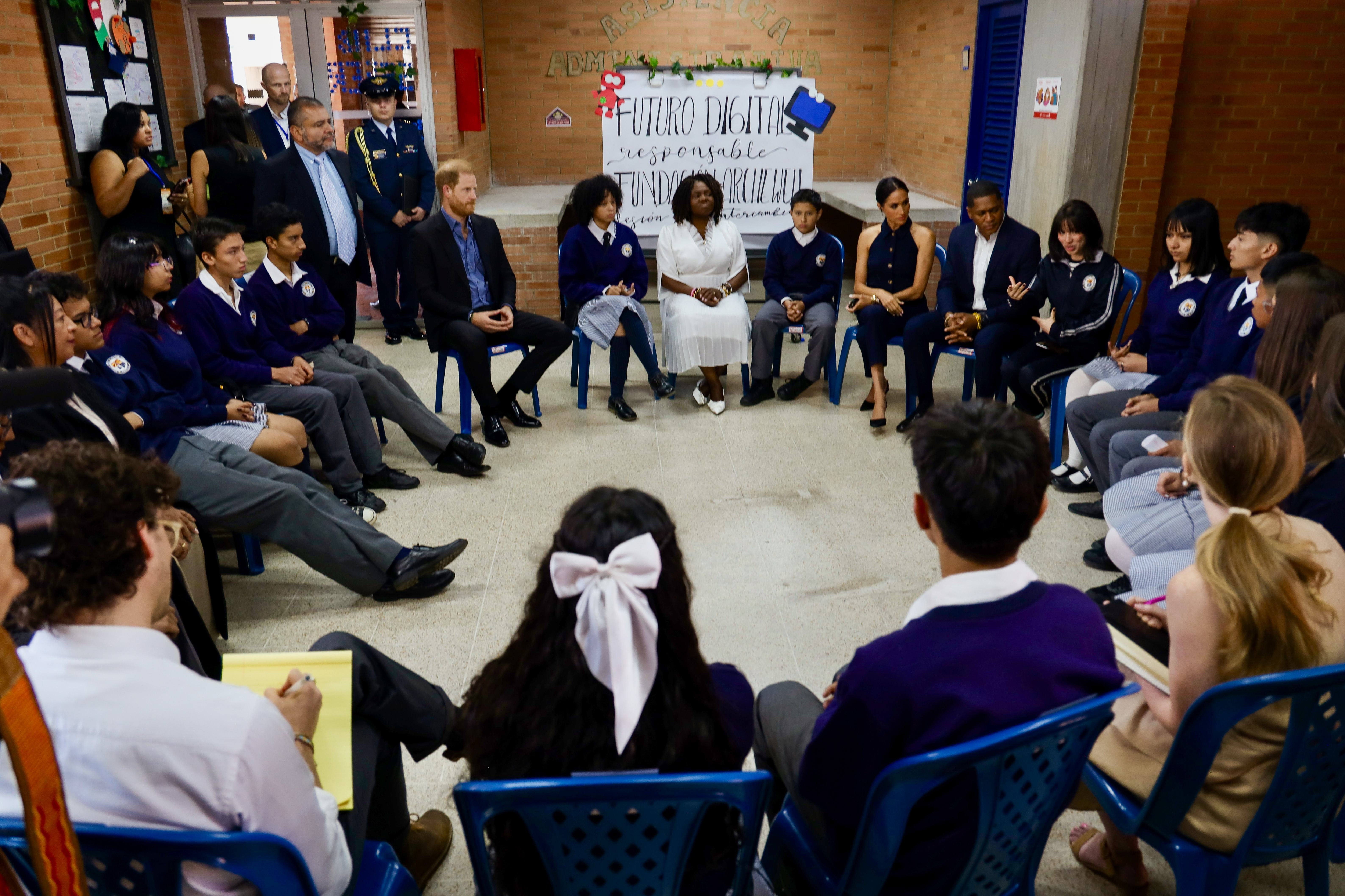 Prince Harry, Meghan Markle, Vice President Francia Márquez, and her husband Yerney Pinillo during a visit to the local charter school, Colegio Cultura Popular, in Bogota, Colombia, on August 15, 2024 | Source: Getty Images