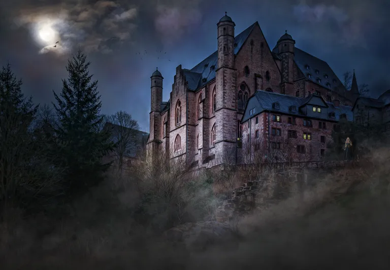 Un château sinistre avec une femme debout à l'extérieur | Photo : Pixabay/Reinhold Silbermann