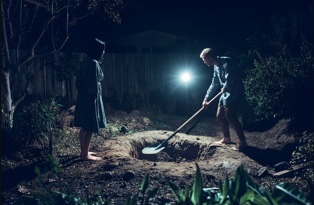 A woman speaking to a man digging a hole at night | Source: Midjourney