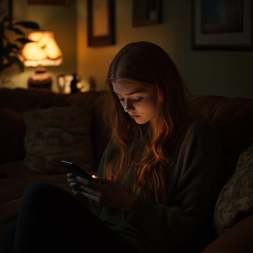 A sad girl looking at her phone | Source: Midjourney