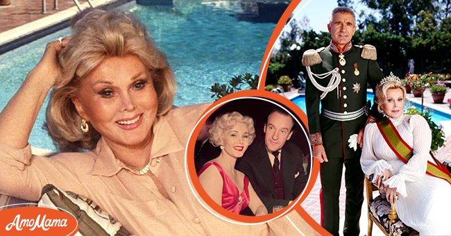 (L) Actress Zsa Zsa Gabor pictured posing at a poolside in her Bel Air Mansion 1992. (M) Hungarian native Zsa Zsa Gabor smiles sitting at a table with her husband, British actor George Sanders in the 1950s. (R) Zsa Zsa Gabor with her spouse Frederic Prinz von Anhalt photographed at home on June 6, 1990 in Bel Air, California  | Photo: Getty Images