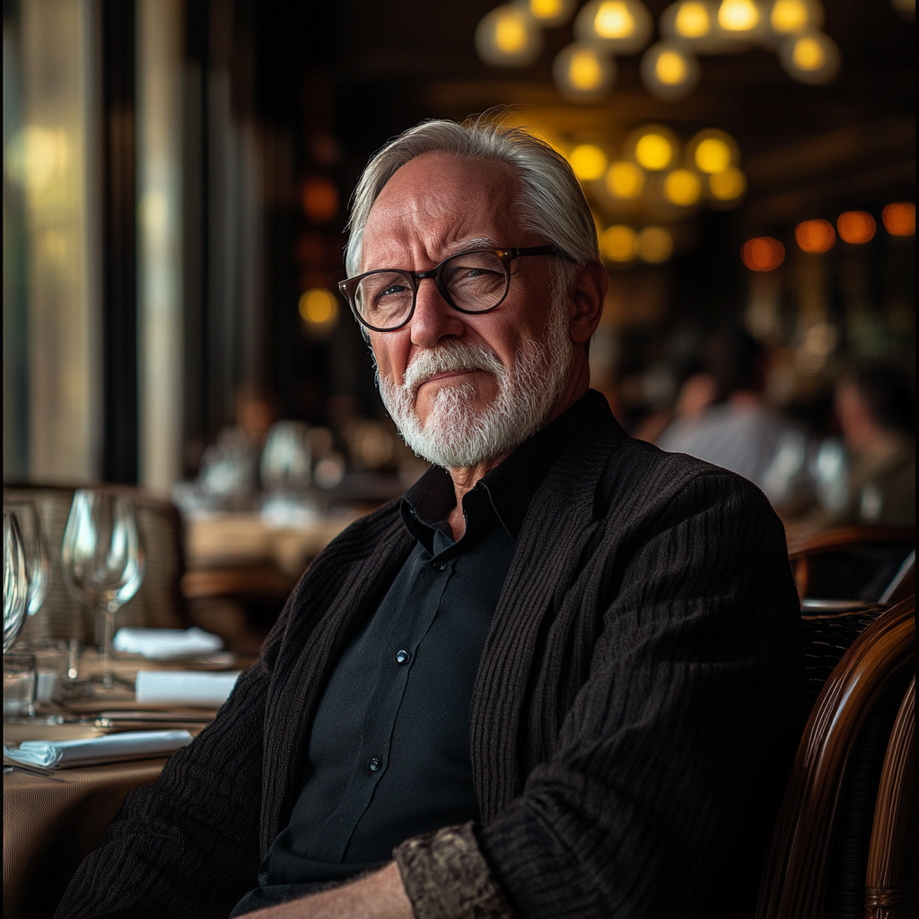 A senior man looks angry while sitting in an upscale restaurant | Source: Midjourney