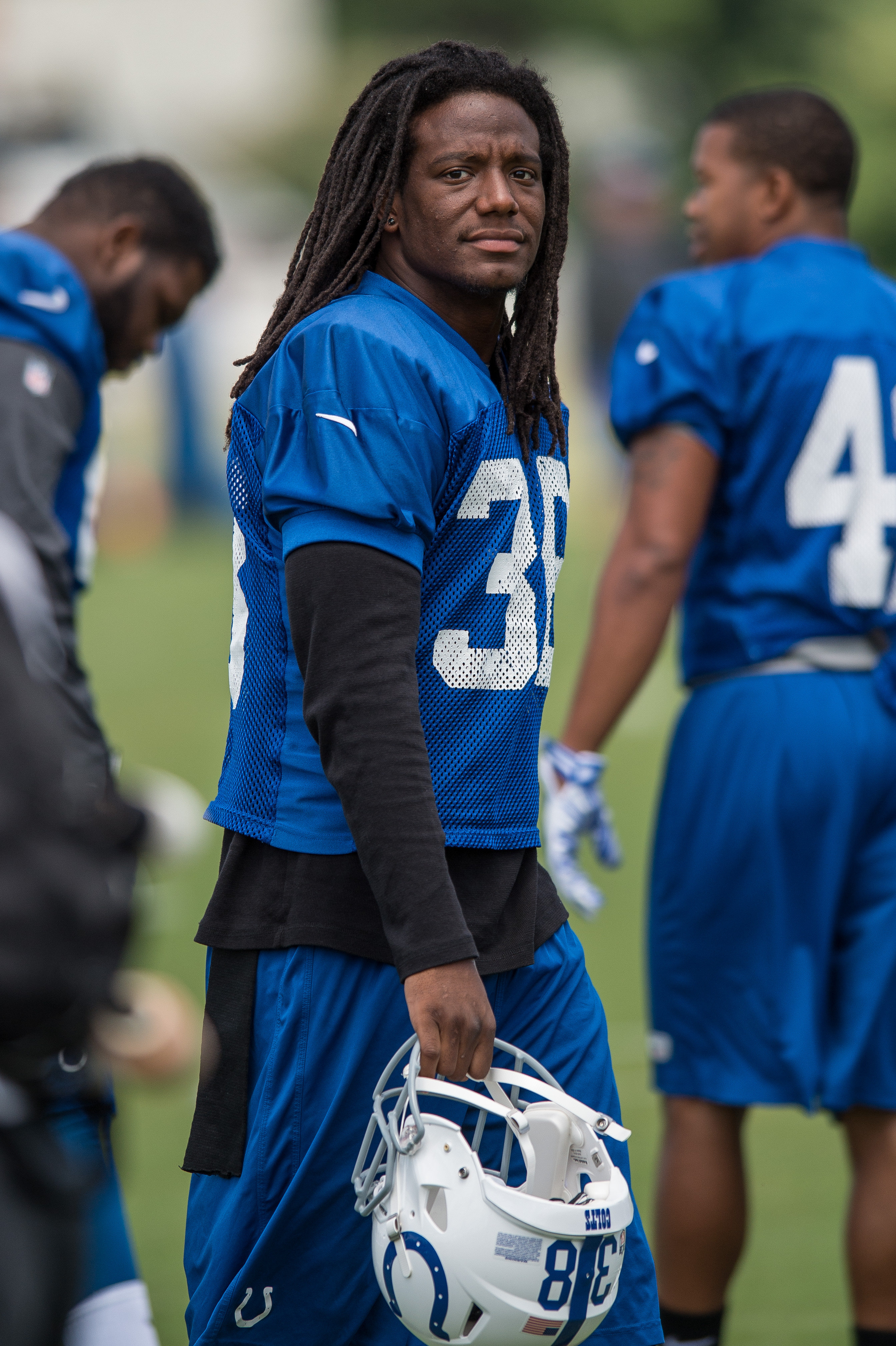Sergio Brown of the Indianapolis Colts on the sidelines before a training camp practice session at Anderson University in Anderson, Indiana, on July 24, 2014 | Source: Getty Images