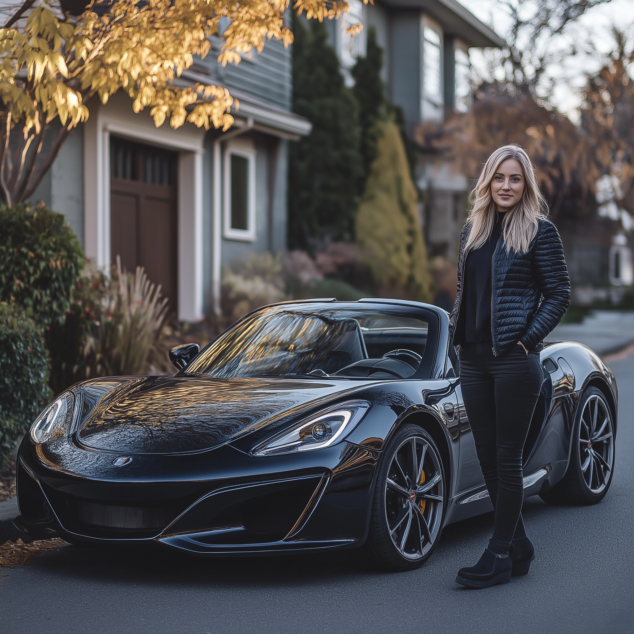 A woman standing next to her sleek and shiny sports car in a neighborhood | Source: Midjourney