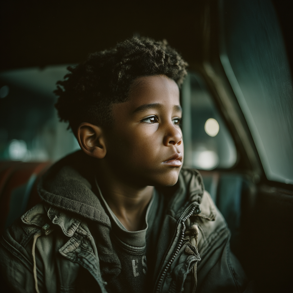 A child looking out of the window in the backseat of a car | Source: Midjourney