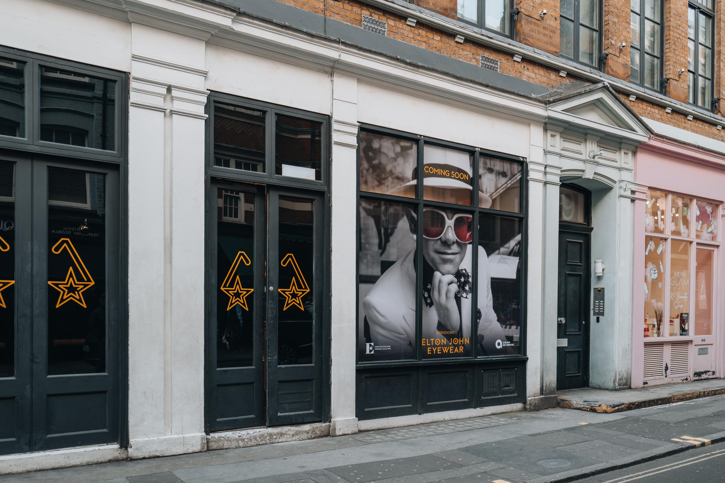 An exterior view of Elton John Eyewear pop up store pictured on Greek Street on August 10, 2023, in London, England. | Source: Getty Images