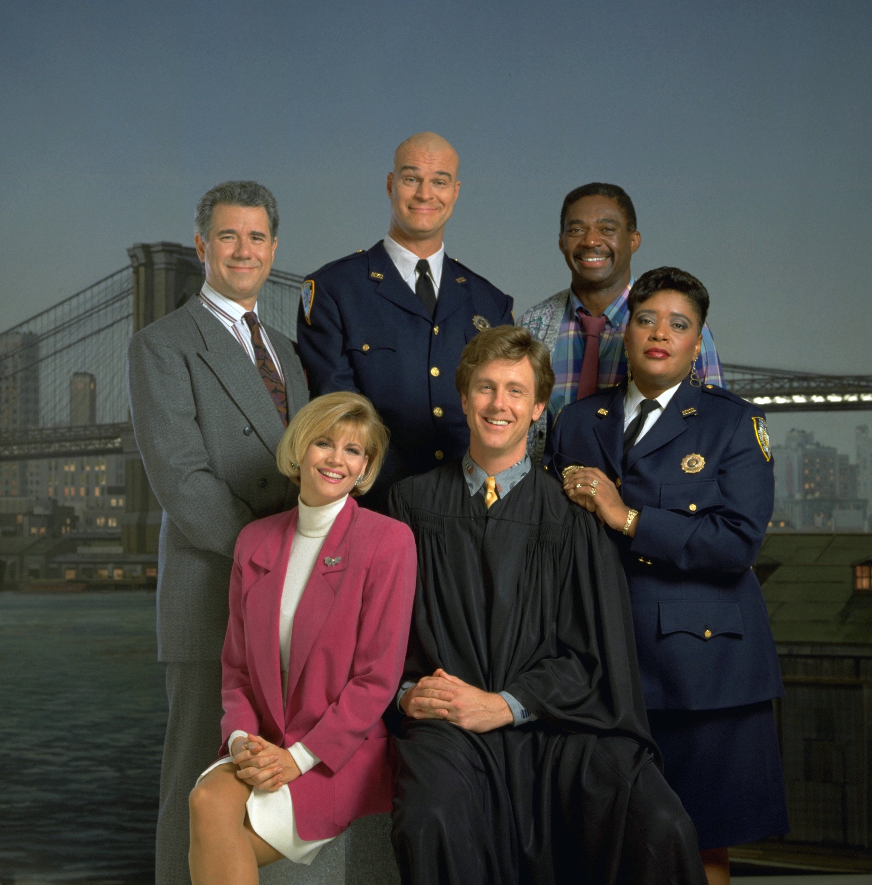 (l-r) John Larroquette as Dan Fielding, Markie Post as Christine Sullivan, Richard Moll as Nostradamus 'Bull' Shannon, Harry Anderson as Judge Harry T. Stone, Charles Robinson as Mac Robinson, Marsha Warfield as Rosalind 'Roz' Russell on "Night Court" | Source: Getty Images