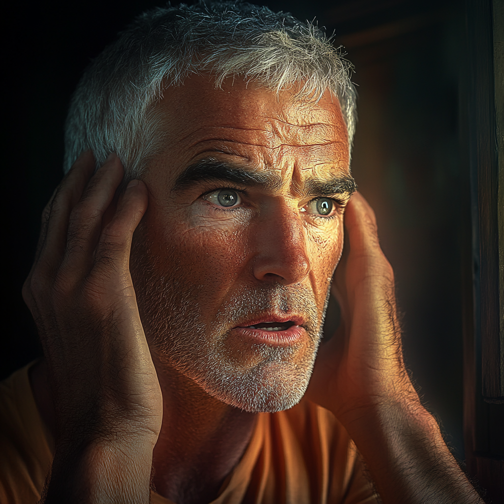 A distressed older man holding his head | Source: Midjourney