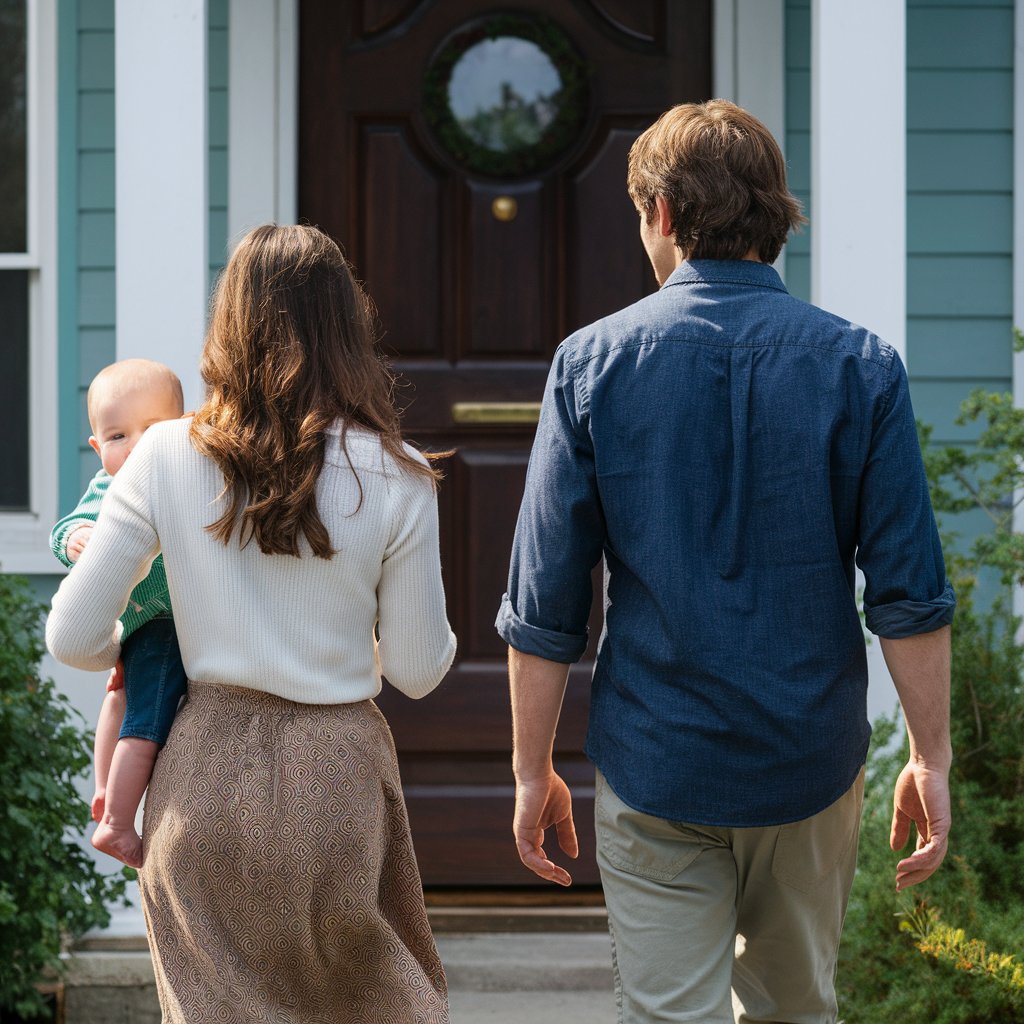 A couple with their baby heads towards the front door of a home | Source: Midjourney