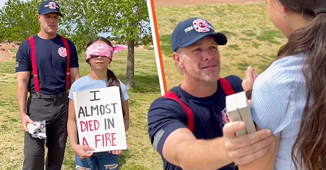 A firefighter presents a mysterious little white box to the girl he rescued from a fire accident | Source: TikTok/m.sandiaa