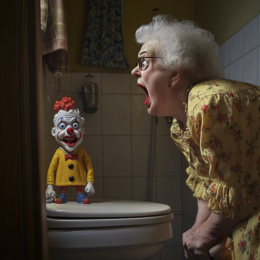 Laura shrieking at the sight of a clown in the bathroom | Source: Midjourney