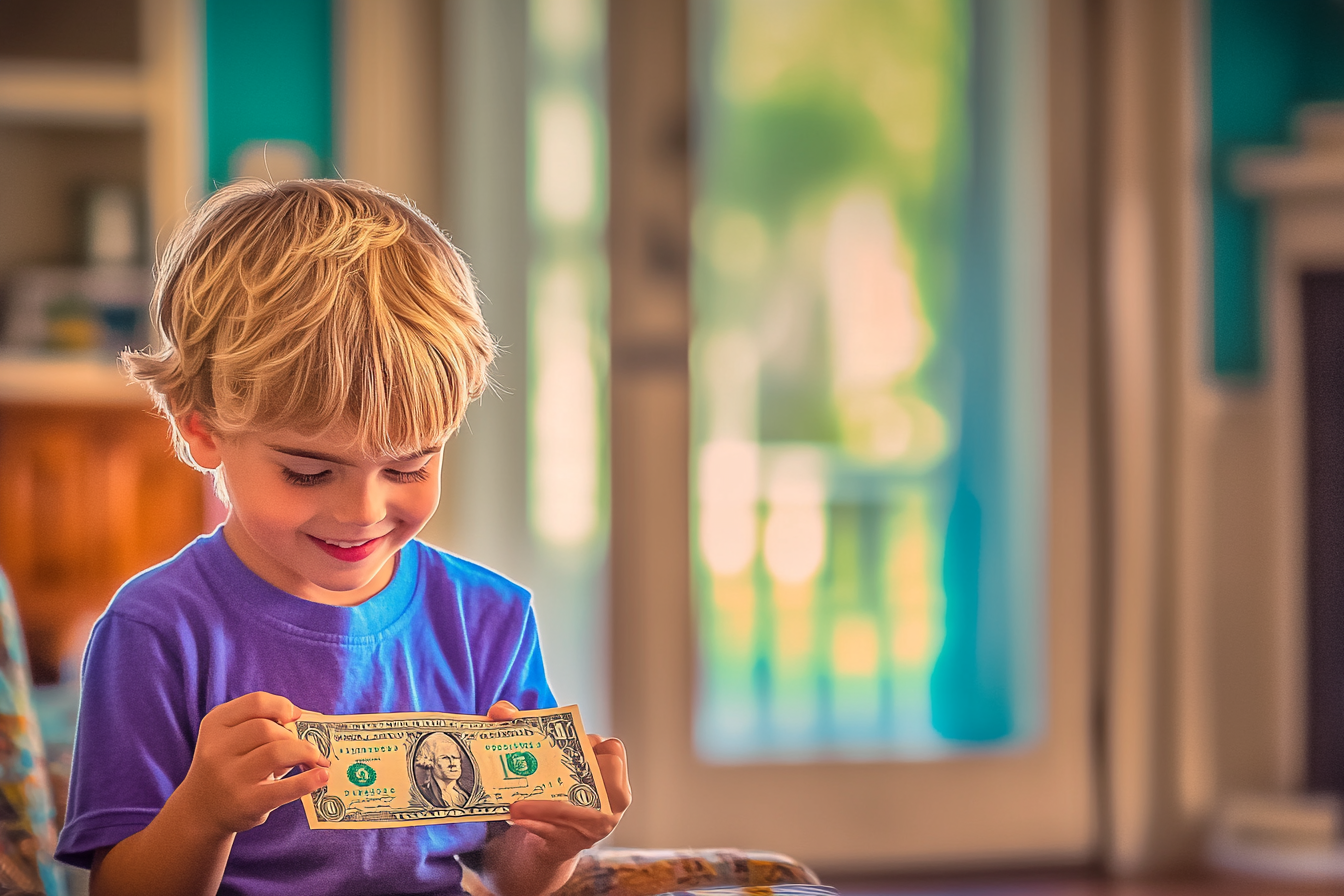 A boy smiling while looking at money | Source: Midjourney