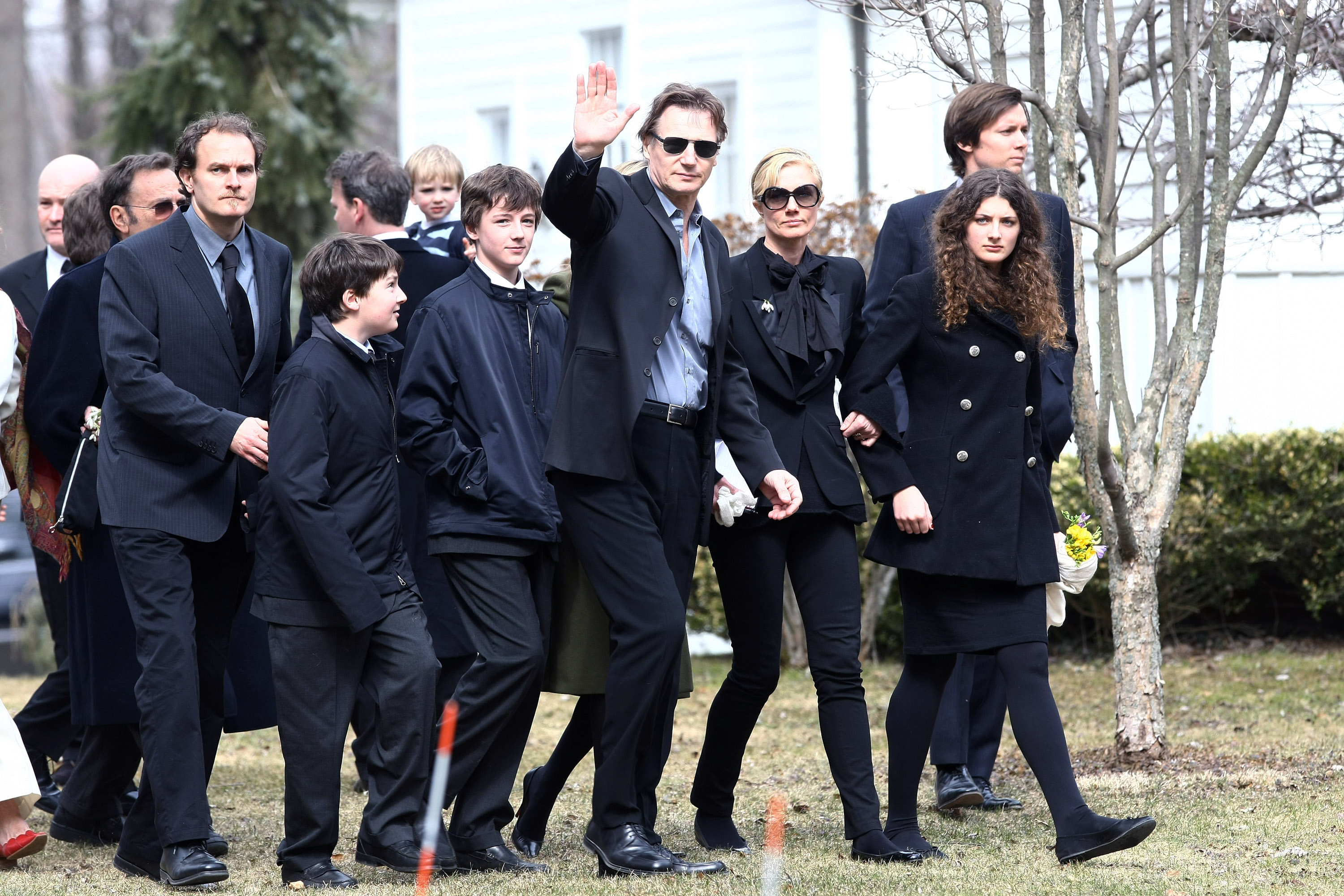Liam Neeson with sons Micheal and Daniel Neeson, and Joely Richardson at the funeral of Natasha Richardson at St. Peter's Lithgow Episcopal Church on March 22, 2009, in Lithgow, New York | Source: Getty Images